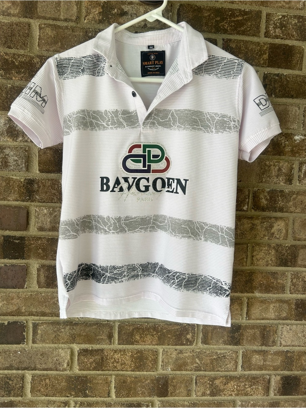 Smart Play Bavgoen Graphic Polo Shirt White Gray Striped Y2K Streetwear Size 32